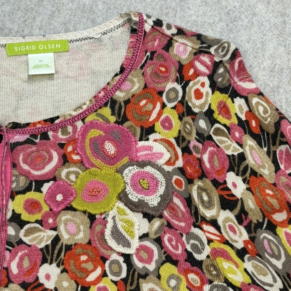 Sigrid Olsen Cardigan XL Pink Floral Silk Blend 3/4 Slv Boho Grandmacore Artsy - Picture 6 of 8